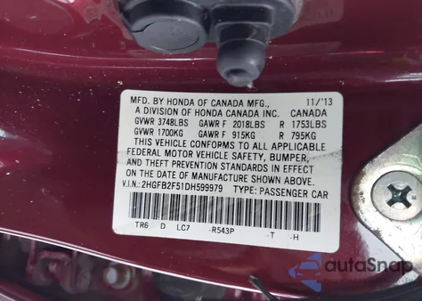 2013 Honda Civic Lx из США, поврежденный, VIN 2HGFB2F51DH599979